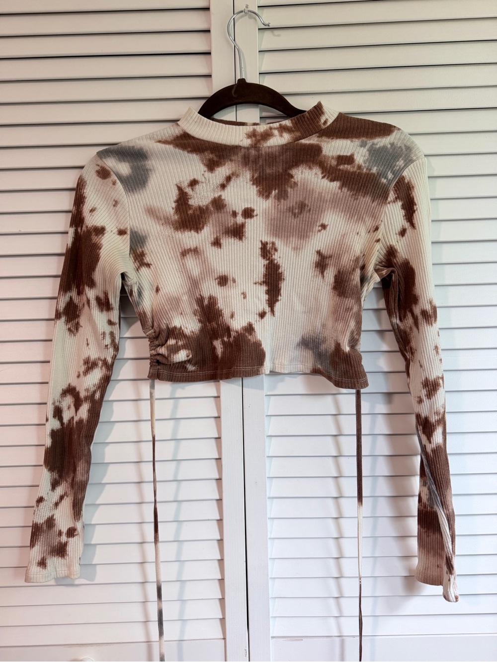 Zara Brown & White Tie-Dye Ribbed Long Sleeve Crop Top